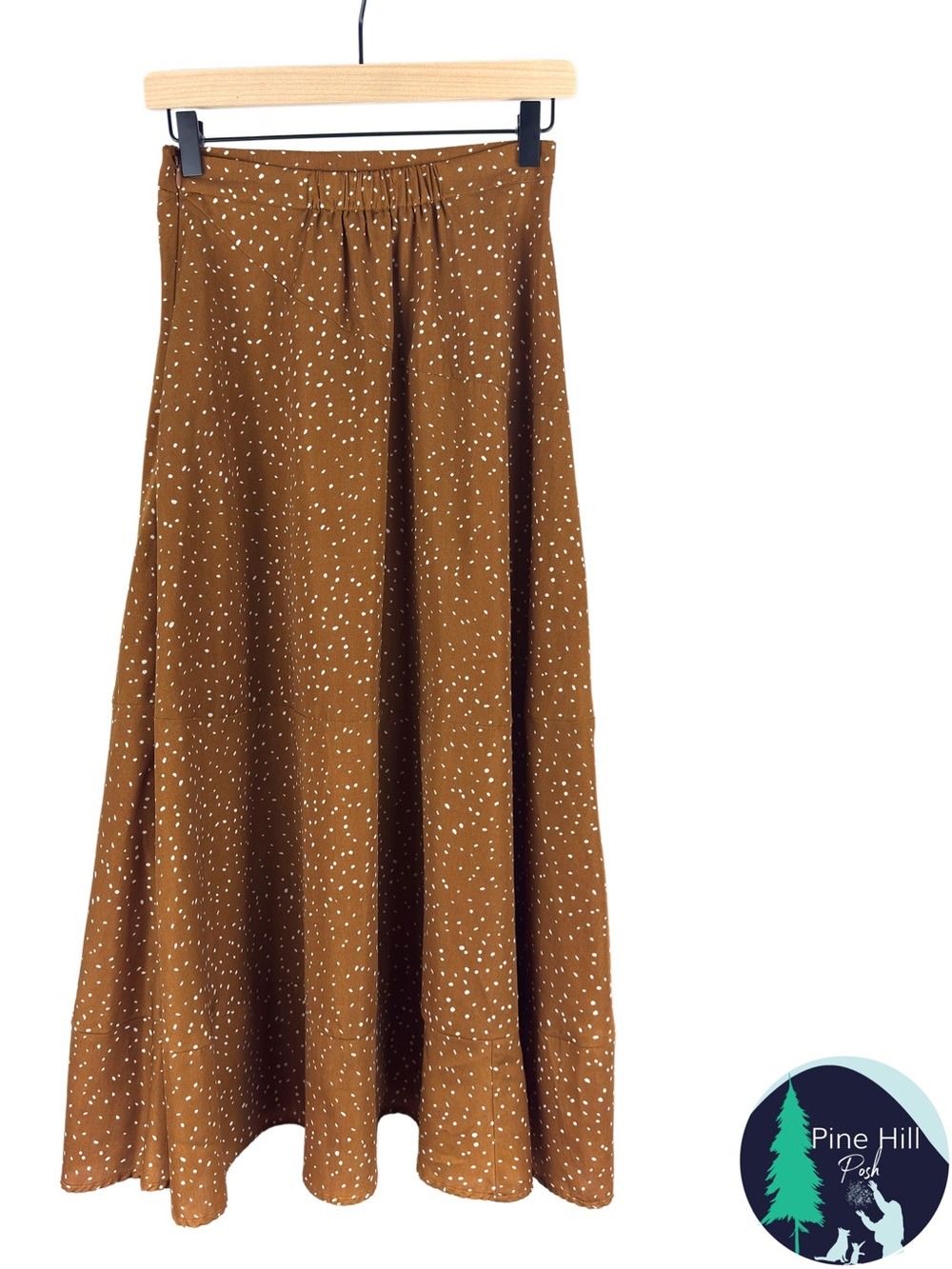 Jessica Robertson Roolee Women’s Tiered Maxi Skirt Brown White Dot Boho Small - Picture 2 of 9